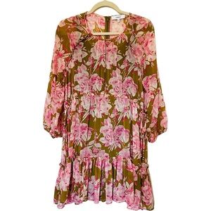 Likely Hadi Olive Green Midi Dress with Pink Floral Print Size 8